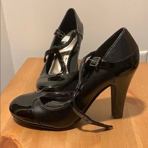 Black Patent Leather Mary Jane Buckle Heels